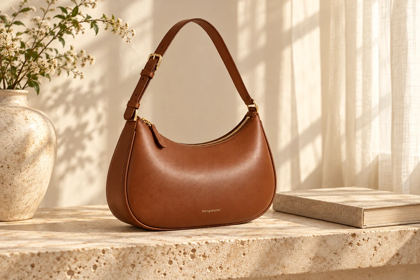 Hongrpulse Clara Crescent Bag in chestnut in a soft daylight setting
