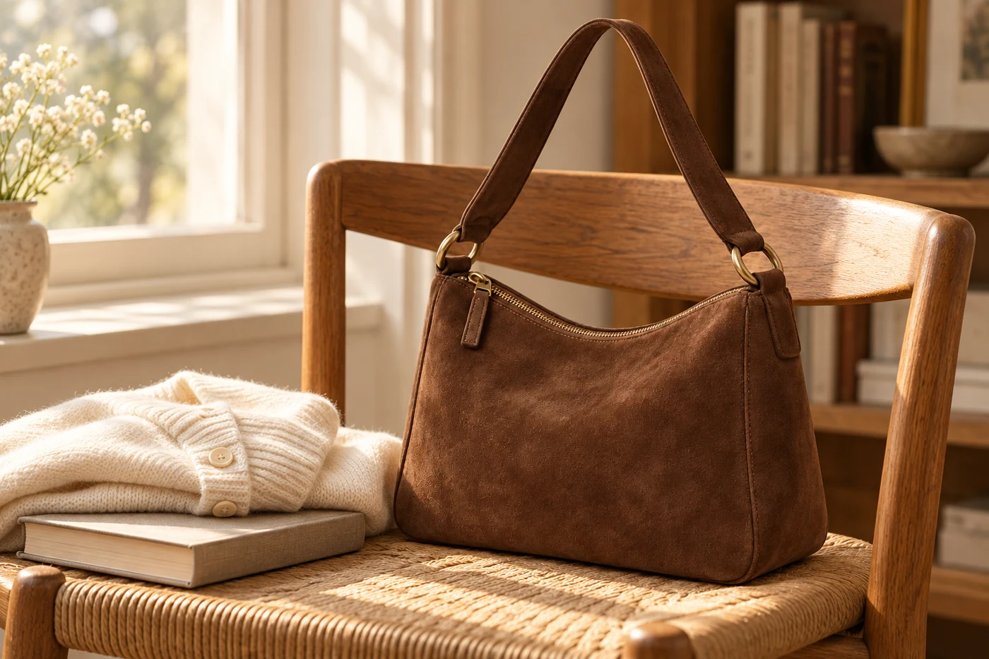 Hongrpulse Poem Suede Shoulder Bag styled beside a book